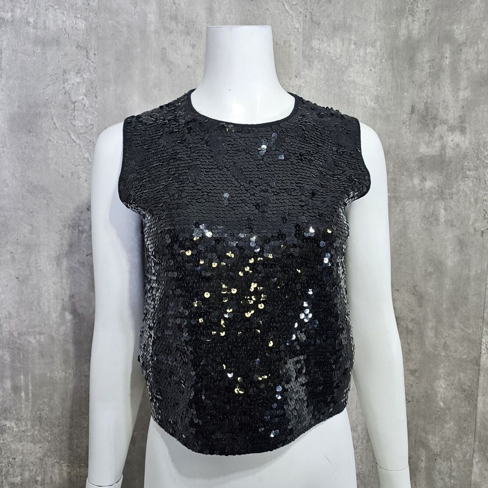 Vintage 90s Esprit Womens M Black Sequin Tank Top Lambswool Blend Evening